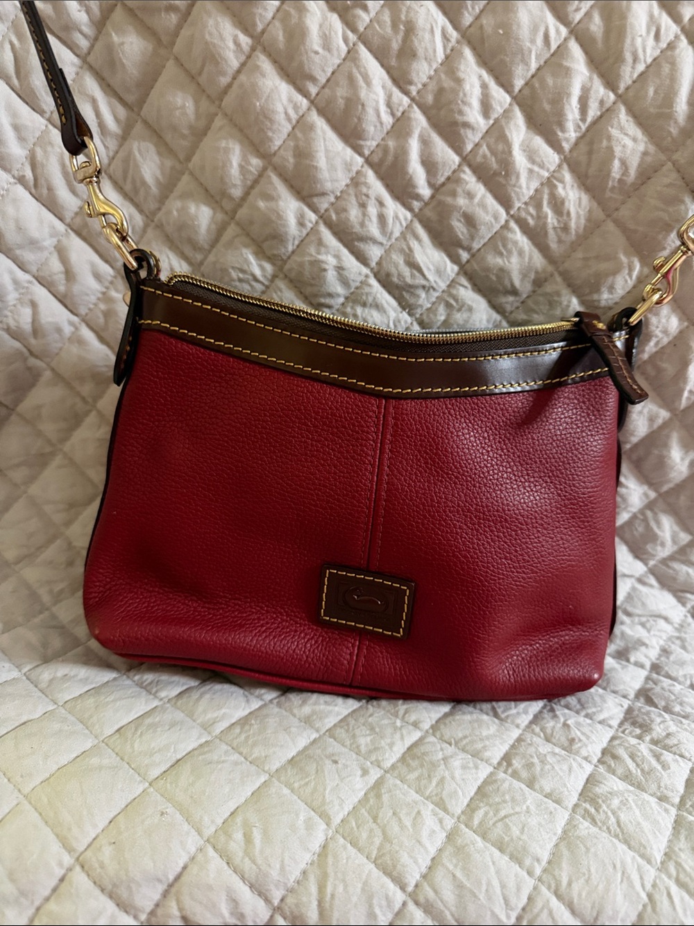 Dooney & Bourke Red Leather Shoulder Bag with Brown Trim